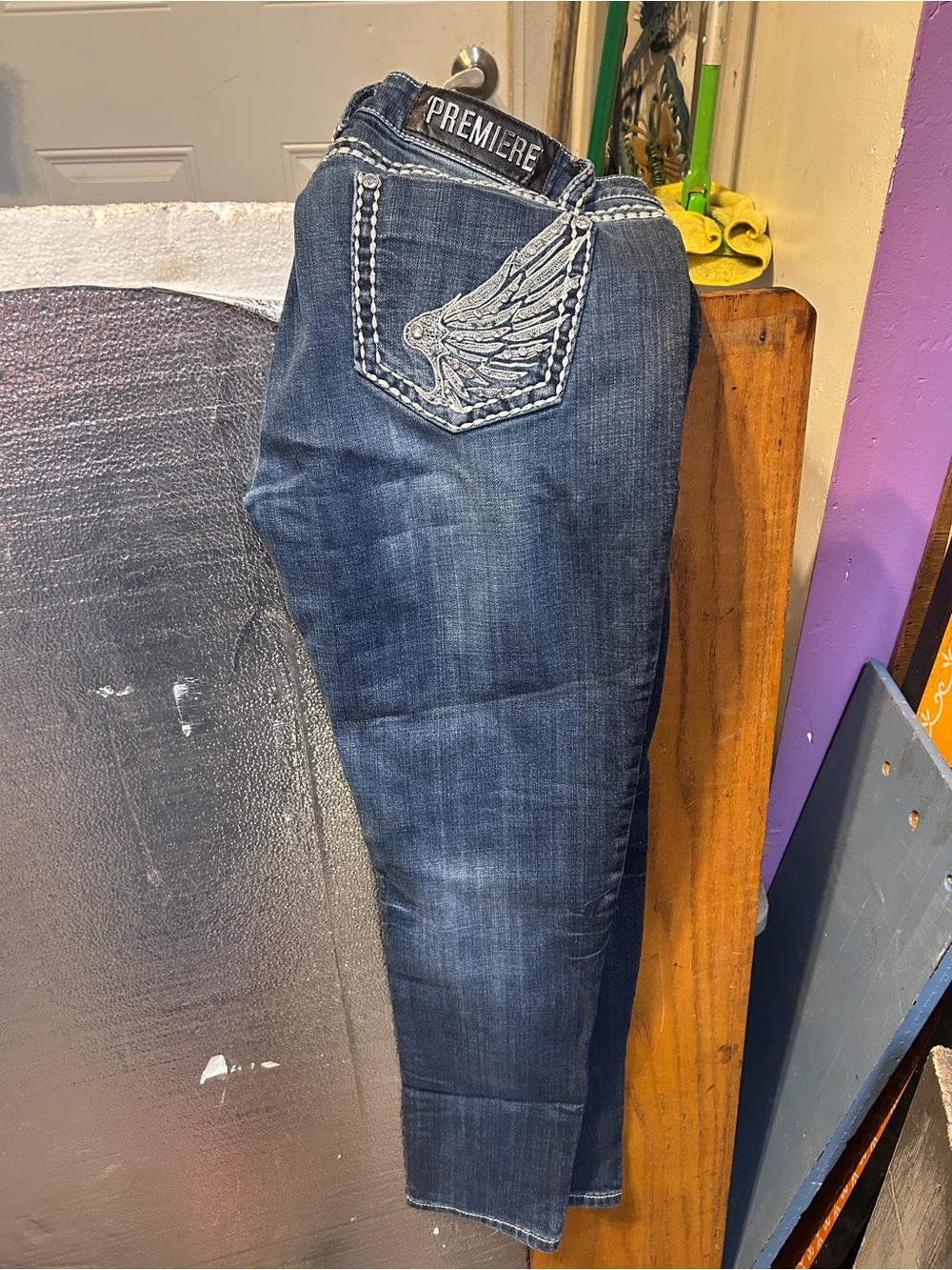 Premier Women's Dark Blue Skinny Jeans with Embroidered Wing Pocket